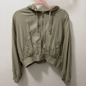 Zara Hemp Linen Cropped Hooded Full Zip Jacket Khaki XL